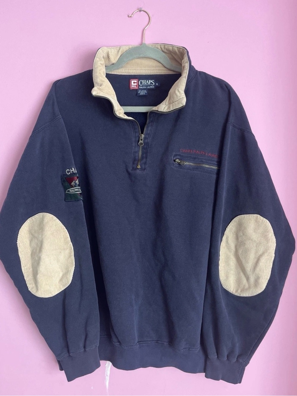Vintage Chaps Ralph Lauren Men’s Navy Quarter-Zip Sweater Cream Elbow Patches XL